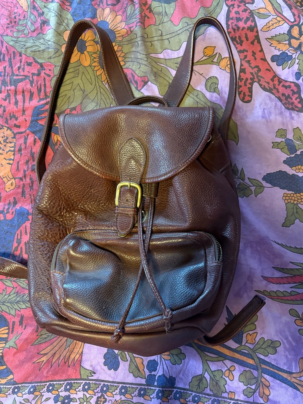Leather Drawstring Backpack - Brown